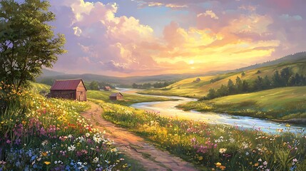 Countryside scene with winding river rustic barns wildflowers under pastel sunset sky for idyllic pastoral imagery peaceful rural setting nature landscape tranquility art concept