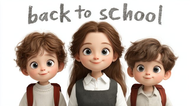 Female teacher with students holding books, large "Back to School" text center, floating school supplies flat vector cartoon template