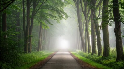 Fototapeta premium A misty forest path leads towards a bright ethereal light at the end of the lane