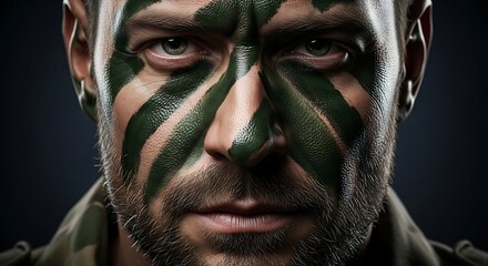 Close-up portrait of a man with green camouflage face paint, stern expression, and short beard, against a dark background.