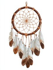 Brown and White Dreamcatcher with Feathers on White Background