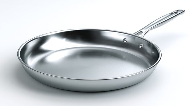 Sleek aluminum frying pan with reflective surface on a clean white background