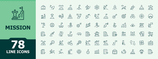Mission line icon set. Minimalist linear icons. Pictograms of achievement, vision, strategy, target, company. Editable vector art and illustration. Strategy vector icon set.