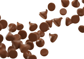 Realistic 3D Render of Floating Brown Chocolate Chips On Transparent Isolated Background