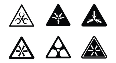 Collection of Triangle Warning Signs for Dangerous Substances and Hazards in Black and White, Flat vector