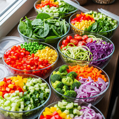 Colorful bowls of chopped vegetables for meal prep