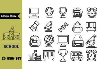 Editable Stroke School Education Icon Set Containing Various Educational Elements Representing Learning Process and Academic Environment for Design and Illustration