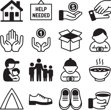 A collection of line icons representing concepts of charity, donation, poverty, and humanitarian assistance.