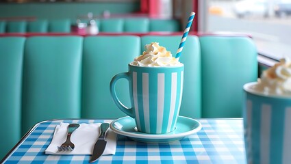 Whimsical Milkshake at Retro Diner with Aqua Blue Stripes and Creamy Topping Delicious Indulgence