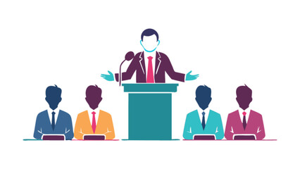 Political speech event with speaker at podium giving presentation to audience vector illustration design