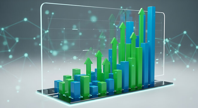 A futuristic bar graph with green and blue bars showing positive growth on a digital interface