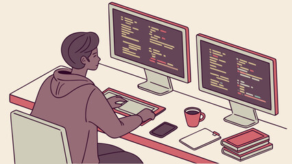 Freelance developer working on computer with dual monitors coding programming software development concept