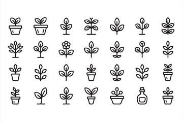 Black and White Outline Icons Featuring Garden and Botanical Elements

