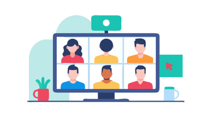 Online meeting video conference call remote work from home telecommuting vector illustration design concept