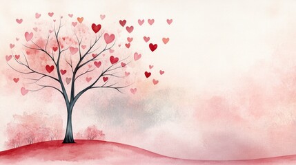 A tree in a tranquil park, heart-shaped leaves falling like confetti, creating a romantic atmosphere with a soft pink sunset in the background on Valentine's Day. watercolor style,