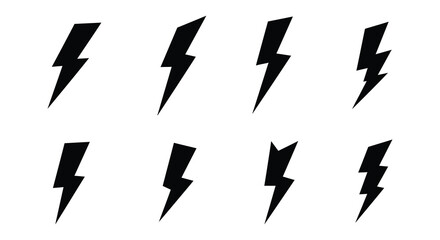 Set of Lightning Bolt Icons in Black Silhouette Isolated on White Background, Flat vector