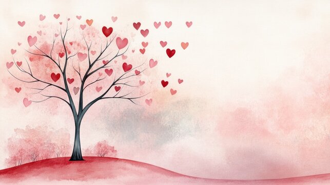 A tree in a tranquil park, heart-shaped leaves falling like confetti, creating a romantic atmosphere with a soft pink sunset in the background on Valentine's Day. watercolor style,