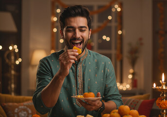 Happy young Indian man in a kurta joyfully eating traditional sweets during Diwali festival