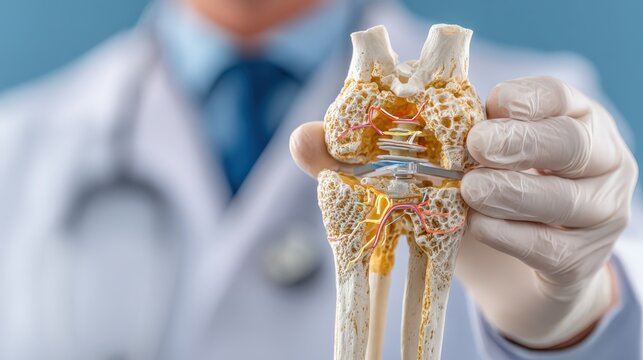 Rheumatologist demonstrates human knee joint model with detailed anatomy