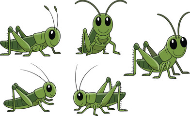 Cute cartoon green grasshoppers with big eyes, playful funny insects, adorable grasshopper characters, smiling jumping bugs, insect illustration collection