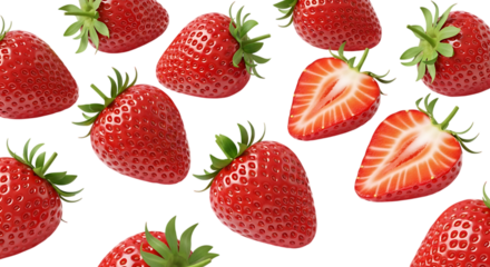 Ripe Strawberries And Halved Strawberries isolated on a transparent background