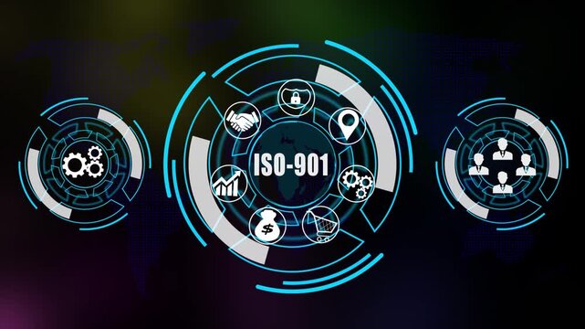 &ldquo;Futuristic iso 901 Technology Animation Featuring Digital Finance Icons, Data Analytics, Online Banking and Global Financial Network Interface on Dark Tech Background with World Map"