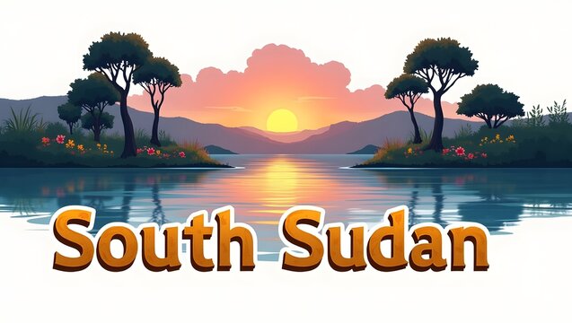 3D illustration of Lake Nyasa, featuring calm waters, lush green shores, and a beautiful sunset reflection. The word 'South Sudan' in 3D letters below.