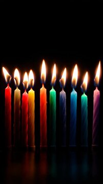 Colorful birthday candles glow warmly against a dark background, creating a festive atmosphere for celebration and joy