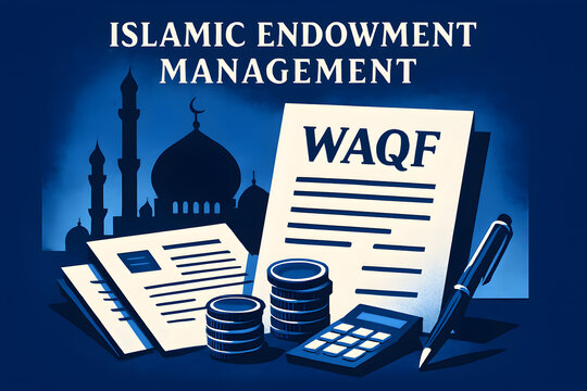 Islamic Endowment Management: An illustrative depiction of WAQF documents, accompanied by a stack of coins, calculator, and a pen, all set against a backdrop of a mosque.