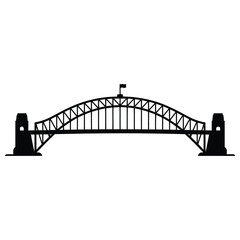 Silhouette of a large steel arch bridge against a white background