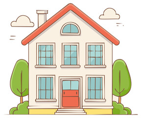 Charming cartoon house with trees and clouds
