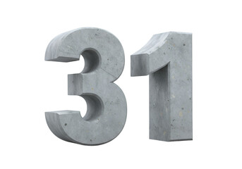 Realistic 3D Rendered Concrete Number Thirty-One Isolated on Black Background