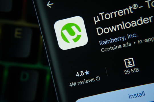 Dhaka, Bangladesh- 27 July 2025: uTorrent app from Google Playstore is displayed on a smartphone screen.
