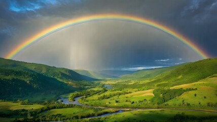Fototapeta premium Vibrant double rainbow arching over an emerald green valley with crystal-clear streams, creating a breathtaking scene for nature parks, scenic drives, and outdoor adventures.