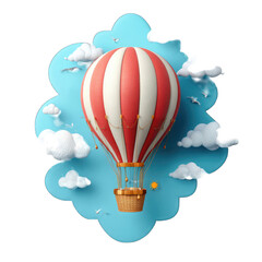 Fototapeta premium Red-white striped hot air balloon floats amidst clouds; sky background; travel poster