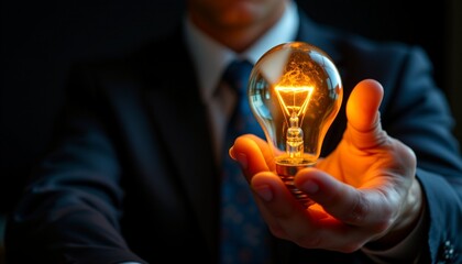 A hand holding an illuminated incandescent light bulb is displayed against a background that suggests professionalism with blurred elements of a man in a business suit and a desk