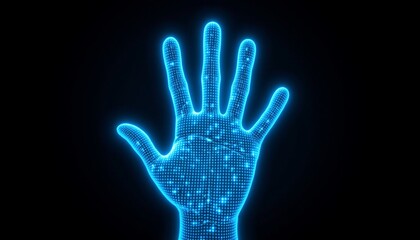 A gloved hand with five fingers, set against a black background. The hand appears to be made of a transparent material that reflects light, creating a glowing outline effect