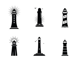 Fototapeta premium Lighthouse set collection pack bundle black shape icon silhouette vector flat illustration design on white background