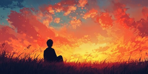 A sunset scene where a person enjoys a moment of solitude, gazing at the sky