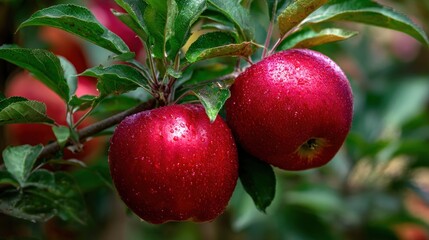 Fresh red apples on branch