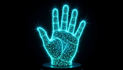 An illuminated hand shaped sculpture with intricate patterns that resemble digital data or circuitry, placed against a dark background.