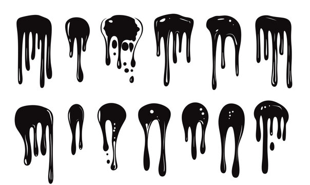 Set of dripping black liquid silhouettes with various melting shapes and paint drip effects isolated on white background vector illustration for design and artistic use