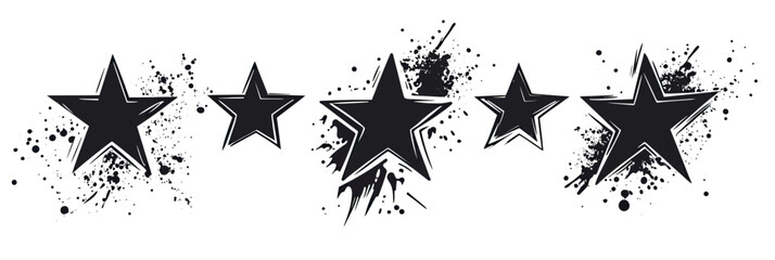 Black ink sketch stars set with grunge splatter elements five pointed star shapes in minimalist vector design isolated on white background