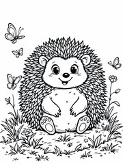 Vsai cute hedgehog sitting in grass surrounded by butterflies and flowers coloring page