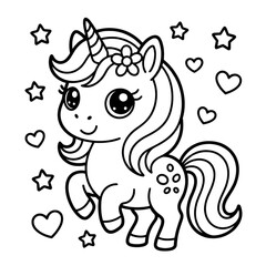 Naklejka premium Adorable Glitter Unicorn with Hearts and Stars - Cute Cartoon Illustration