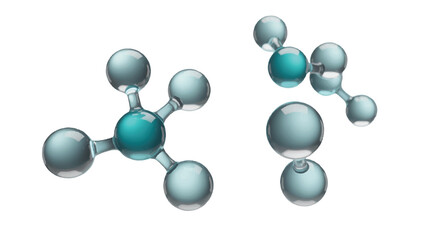 Two Transparent Molecular Structures with Teal and Clear Spheres on White Background