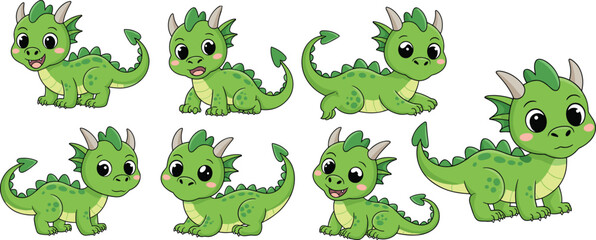 Cute cartoon baby green dragons collection, adorable fantasy creatures, playful mythical animals, kids friendly dragon illustrations, magical reptile characters, fantasy art