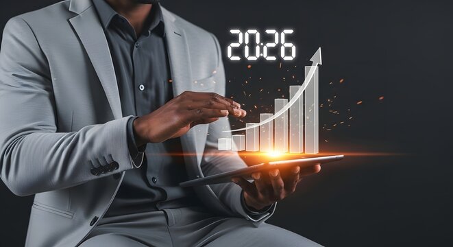Business growth forecast for year twenty twenty six with man holding tablet showing rising graph