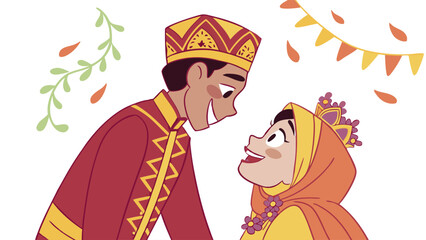 Joyful Cartoon Couple in Traditional Cultural Attire Celebrating Love and Heritage