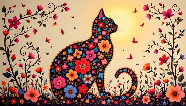 a stylized feline character within a floral border, set against a sunset backdrop.
